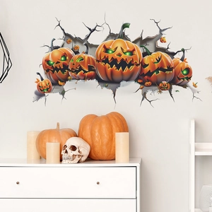 3D Halloween wall decal featuring spooky pumpkins bursting through a white bedroom wall