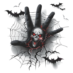 3D Halloween wall decal featuring a demonic claw ripping through webs with bats and skull