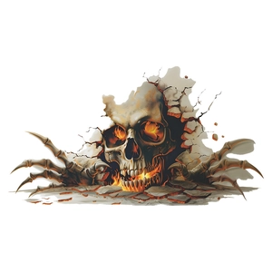 3D flaming skull wall sticker with glowing eyes and skeletal hands breaking through stone
