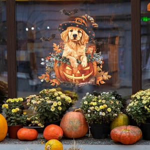 Halloween window sticker featuring cute golden retriever puppy in pumpkin and bats