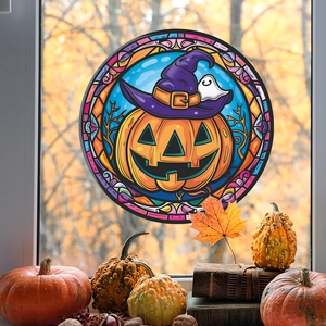Detail of stained glass style pumpkin window cling with wizard hat and spooky elements