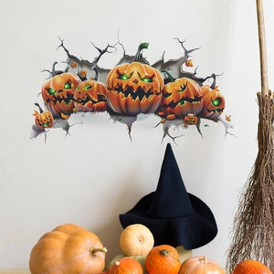 3D Halloween broken wall sticker featuring glowing pumpkins and spooky Jack-o'-lanterns