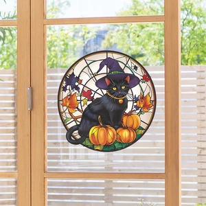 Sticker de fenêtre Halloween chat noir et citrouille style vitrail décoratif