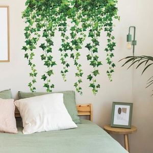 Self-adhesive green leaf vine wall decals for bedroom and living room decor