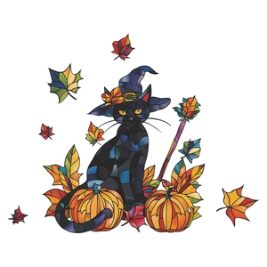 Adesivo finestra Halloween con gatto nero in cappello da strega, zucche e foglie d'acero