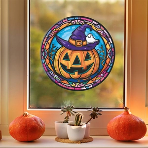 Halloween window sticker featuring pumpkin with witch hat and ghost in stained glass style