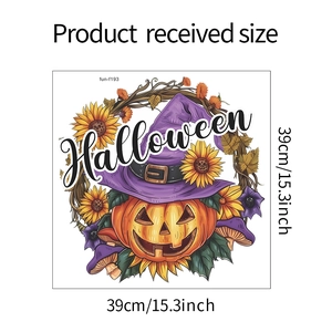 Detail showing Halloween pumpkin sticker with sunflowers and witch hat, size 39x39cm