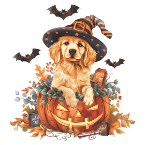 Halloween static window cling featuring a golden retriever puppy in a pumpkin with bats