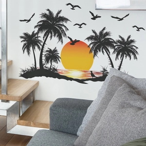 Tropical Sunset Palm Tree Coconut Tree Sea Birds Wall Sticker Removable PVC Self Adhesive Mural For Living Room Bedroom Dormitory Decor