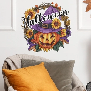 Detail of Halloween wall sticker with pumpkin, sunflower, and witch hat on white wall