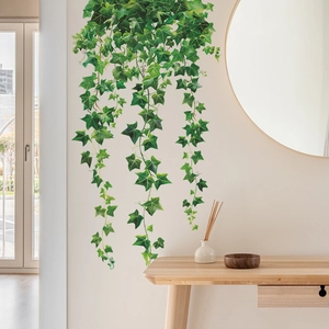 Hanging green ivy vine wall stickers in Nordic style bedroom with minimalist decor