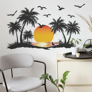 Tropical sunset wall decal featuring palm trees and sea birds silhouette for home decor