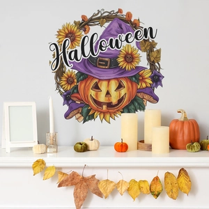 Halloween pumpkin wall decal with sunflowers and wizard hat for cozy home decor