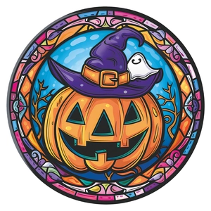 Detail of a round Halloween window sticker with stained glass pumpkin and ghost design