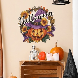 Halloween wall sticker featuring pumpkin lantern with wizard hat and sunflower wreath