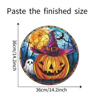 Detail view of 14.2 inch Halloween window sticker featuring pumpkin and ghost design