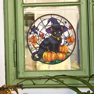 Autocollant fenêtre Halloween avec chat noir de dessin animé et chapeau de sorcière