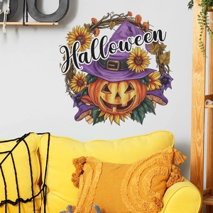 Macro detail of Halloween wall sticker with pumpkin, sunflower, and witch hat wreath