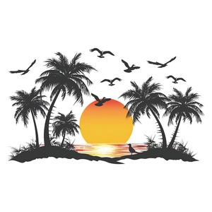 Tropical sunset wall decal featuring palm trees silhouettes and flying seagulls