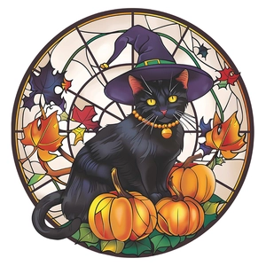 Sticker de fenêtre Halloween avec chat noir de dessin animé, chapeau de sorcière et citrouille