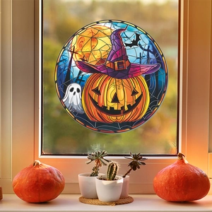 Halloween pumpkin and ghost window sticker in stained glass style for home decoration