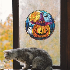 Detailed view of pumpkin and ghost stained glass window sticker for Halloween decor