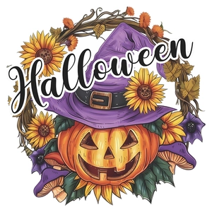Detail of Halloween pumpkin sticker with a wizard hat, sunflowers, and purple mushrooms