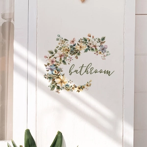 Floral bathroom door wall sticker with colorful hand-painted flowers on white wood