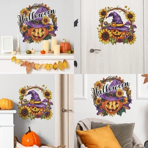 Halloween Wall Sticker Pumpkin Witch Hat Sunflower PVC Decal Removable Self Adhesive Home Decor Festive Living Room Wallpaper