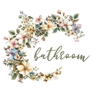 Floral bathroom wall sticker featuring vintage style flower wreath and elegant typography