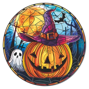Detailed stained glass style Halloween pumpkin with wizard hat and ghost window sticker