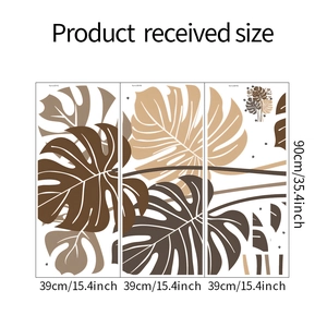Detailed dimensions of minimalist monstera leaf wall stickers in 39cm x 90cm panels