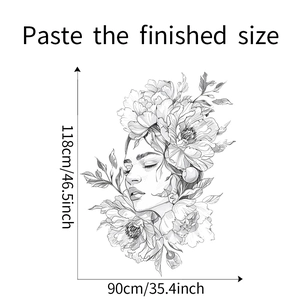 Maßangaben für schwarz-weißen Wandsticker mit Frauen- und Blumenskizze, Größe 118x90 cm