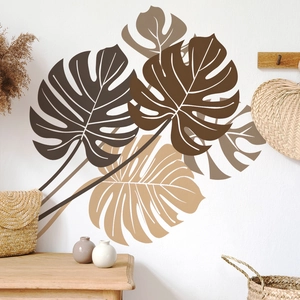 Minimalist monstera leaf wall decals in earthy tones for modern boho home decor