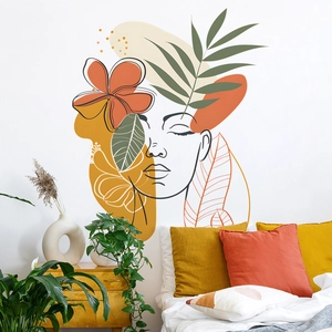 Adesivo murale astratto viso donna e foglie tropicali in stile boho moderno
