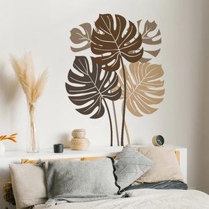 Tropical monstera leaf wall stickers in earthy brown tones for bedroom wall decoration
