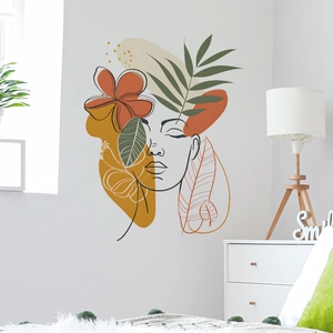 Dettaglio di adesivo murale Boho con linee femminili minimaliste e motivi a foglie floreali