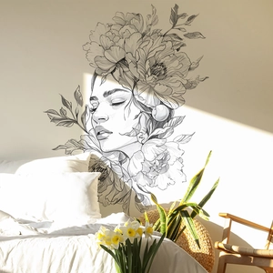 Modern Minimalistisch Schwarz Weiß Skizze Schönheit Blume Wandsticker PVC Deko Kunst Aufkleber Linienkunst Frau Gesicht Heimdeko