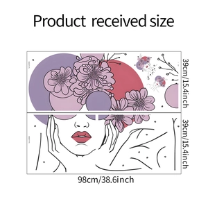 Layout dettagliato delle dimensioni dell'adesivo murale artistico con fiori viola.