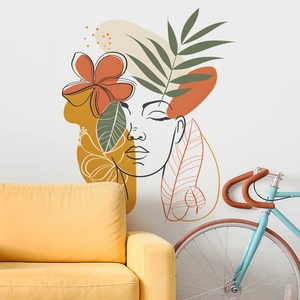 Adesivo murale viso donna astratto con forme geometriche colorate e foglie tropicali