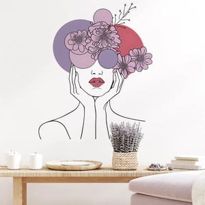 Adesivo murale artistico con fiori viola e linee di viso femminile in stile minimalista