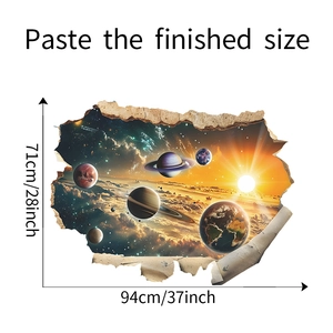 Detailansicht 3D Galaxie Wandtattoo mit Maßen 94x71cm zeigt kosmische Planeten