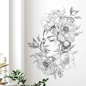 Schwarz-weißer Wandaufkleber mit Frauengesicht und Blumen für moderne Raumdekoration