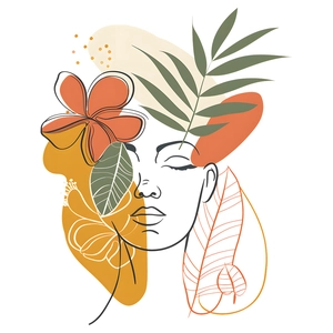 Adesivo murale astratto con viso femminile, foglie tropicali e blocchi di colore