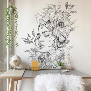 Wandtattoo mit Schwarz-Weiß-Skizze einer Frau und Blumen für die moderne Raumgestaltung