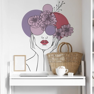 Moderno Adesivo da Parete in PVC Line Art Viso Donna Fiore Viola Decorazione Artistica per Camera da Letto Soggiorno