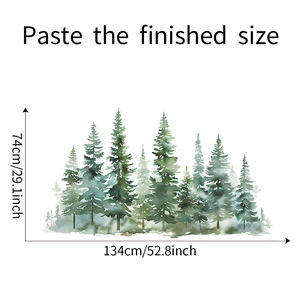 Dimensions guide for watercolor pine forest wall decal showing 134cm width and 74cm height