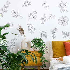 Black and white floral wall stickers for bedroom with minimalist sketch flower leaves