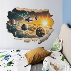 3D Weltraum Wandtattoo mit Mauerdurchbruch-Effekt und Planeten für Schlafzimmer Deko