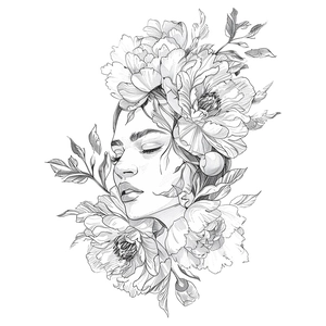 Wandtattoo mit künstlerischer Schwarz-Weiß-Zeichnung eines Frauenprofils und großen Blumen
